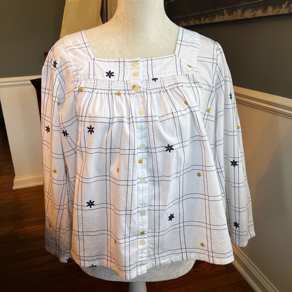 Madewell embroidered windowpane square neck button down top